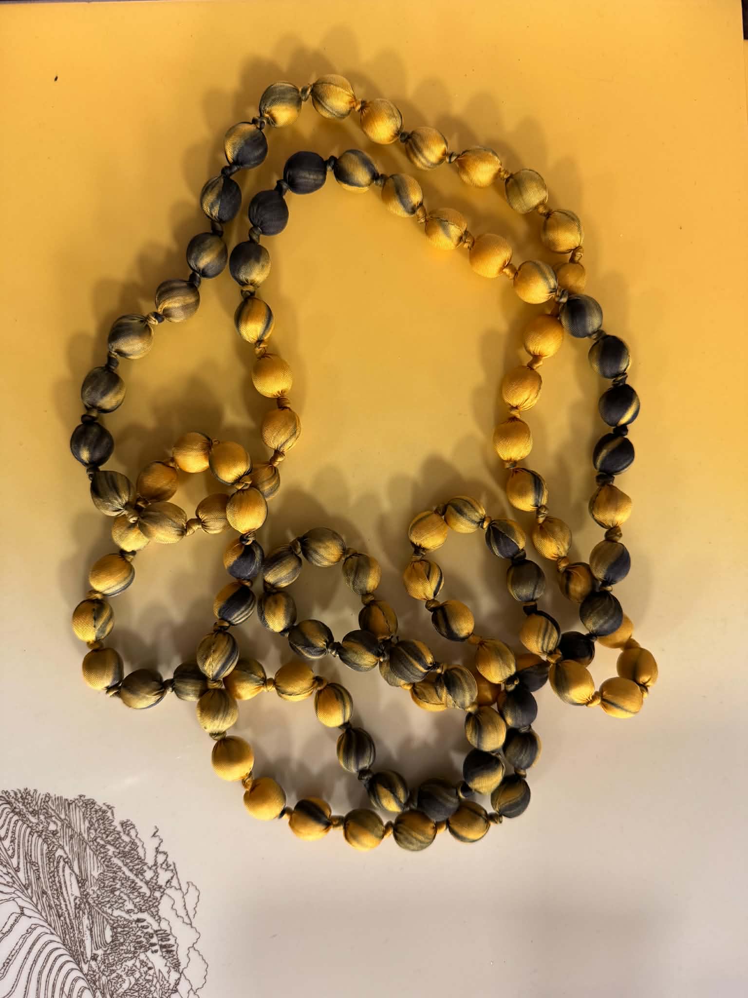 Yellow and charcoal silk-wrapped bead necklaces